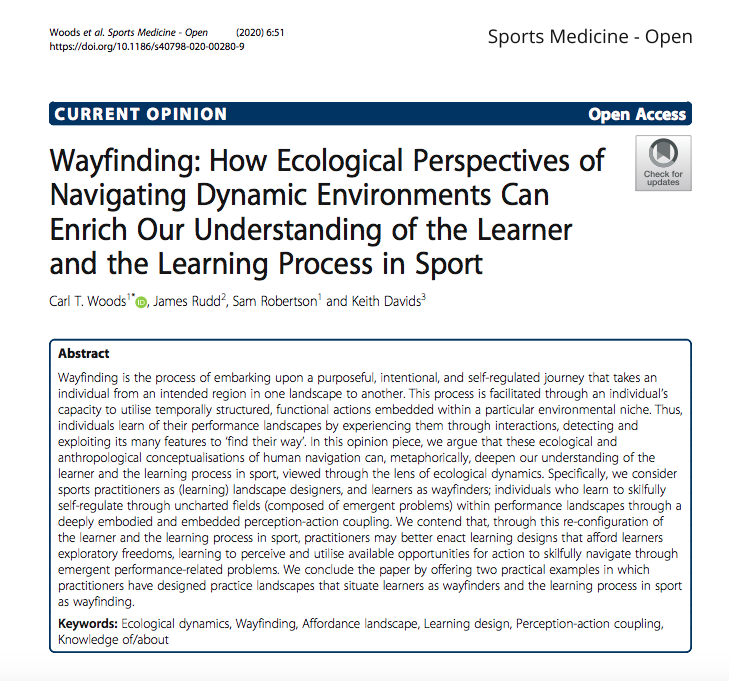 CarlWoods25's tweet photo. NEW: Wayfinding

In this open access paper, we (@JamesRRudd, @Robertson_SJ, and Keith) show how ecological perspectives of navigating dynamic environments can enrich our understanding of the learner and learning process in sport.

https://t.co/WY7FrxSnxb https://t.co/xpigVM5FC1