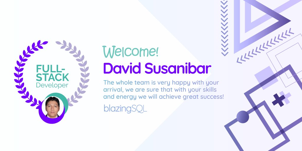 blazingsql's tweet photo. Bienvenido @davisusanibar! 

El equipo sigue creciendo y no podemos estar más entusiasmados. Todos los éxitos en esta nuevo etapa como parte del #teamBlazingSql 💪

#WelcomeOnBoard #PeruTeam #developer #Engineering #FullStack https://t.co/8Xq1H8QG58