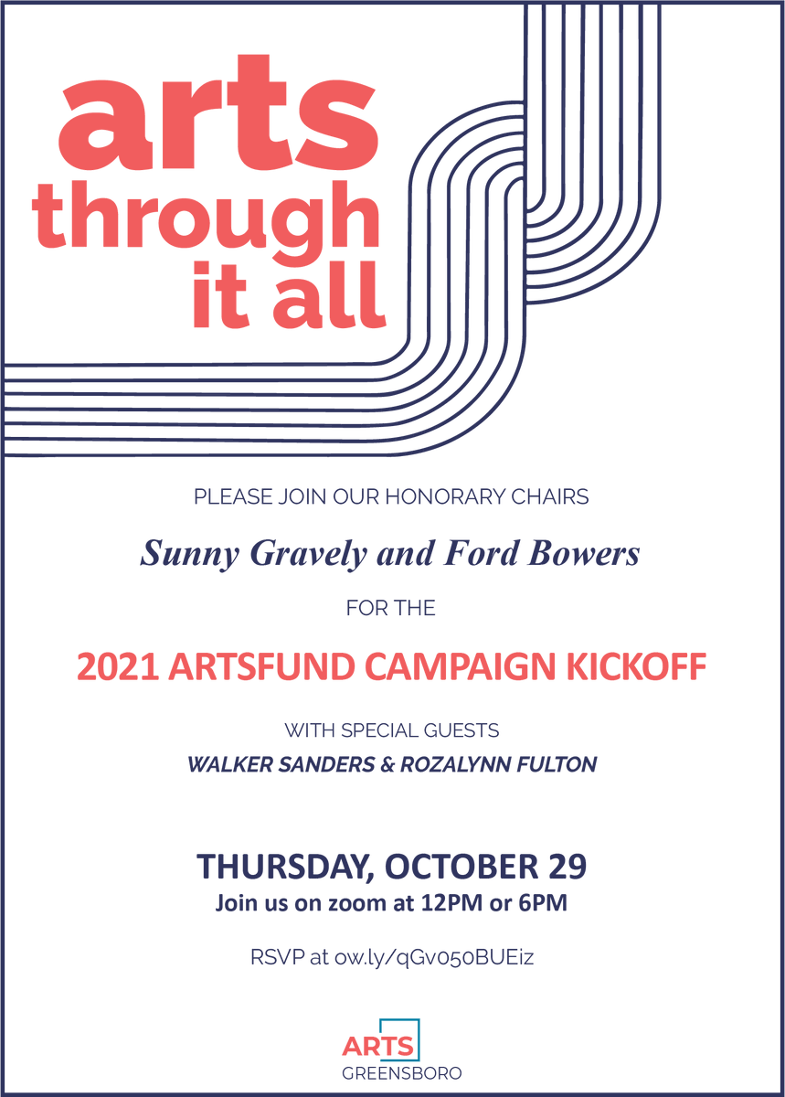 TheACGG's tweet photo. Don't forget to RSVP for our virtual kickoff tomorrow! We can't wait to see you there! 

Join campaign co-chairs Sunny Gravely, Ford Bowers w/ special guests @HWalkerSanders @ctgreensboro ED Roz Fulton on Zoom at 12PM or 6PM on Oct. 29th!
RSVP at https://t.co/iFS7raXret 
#artsGSO https://t.co/G5dv4m4q2i