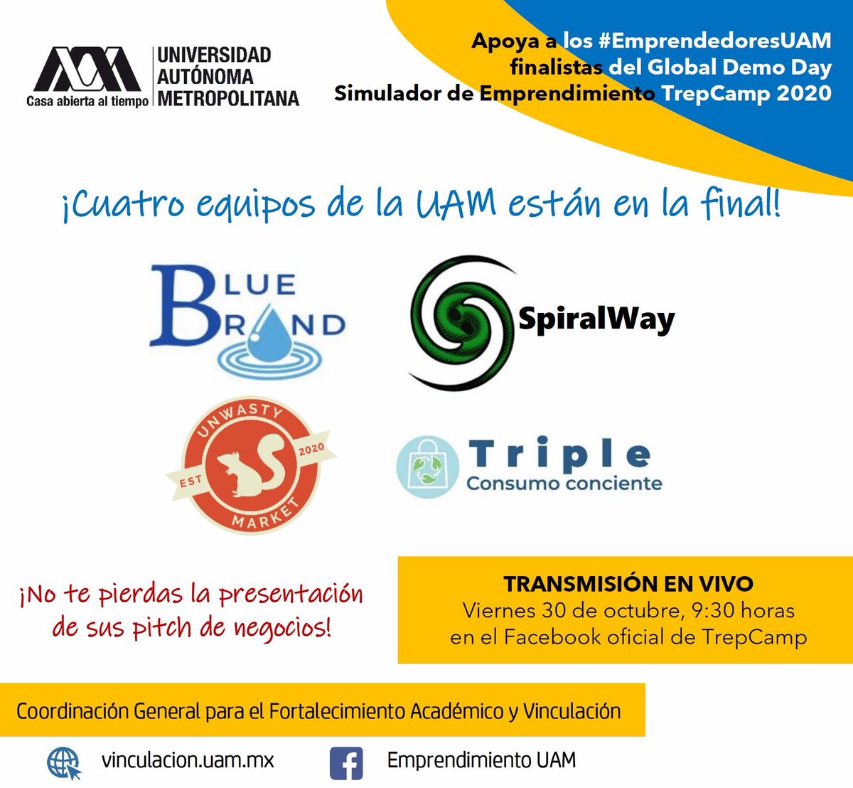 lauammx's tweet photo. ¡Comunidad #SoyUAM! ¡Conéctate el viernes 30 de octubre, a las 9:30 horas, y apoya a los #EmprendedoresUAM! ¡Acompaña a los finalistas del Global Demo Day de #TrepCamp 2020 en la presentación de su pitch de negocios ante un panel de jueces! Transmisión por FB Live @TrepCampINT https://t.co/0b2w2lRUew