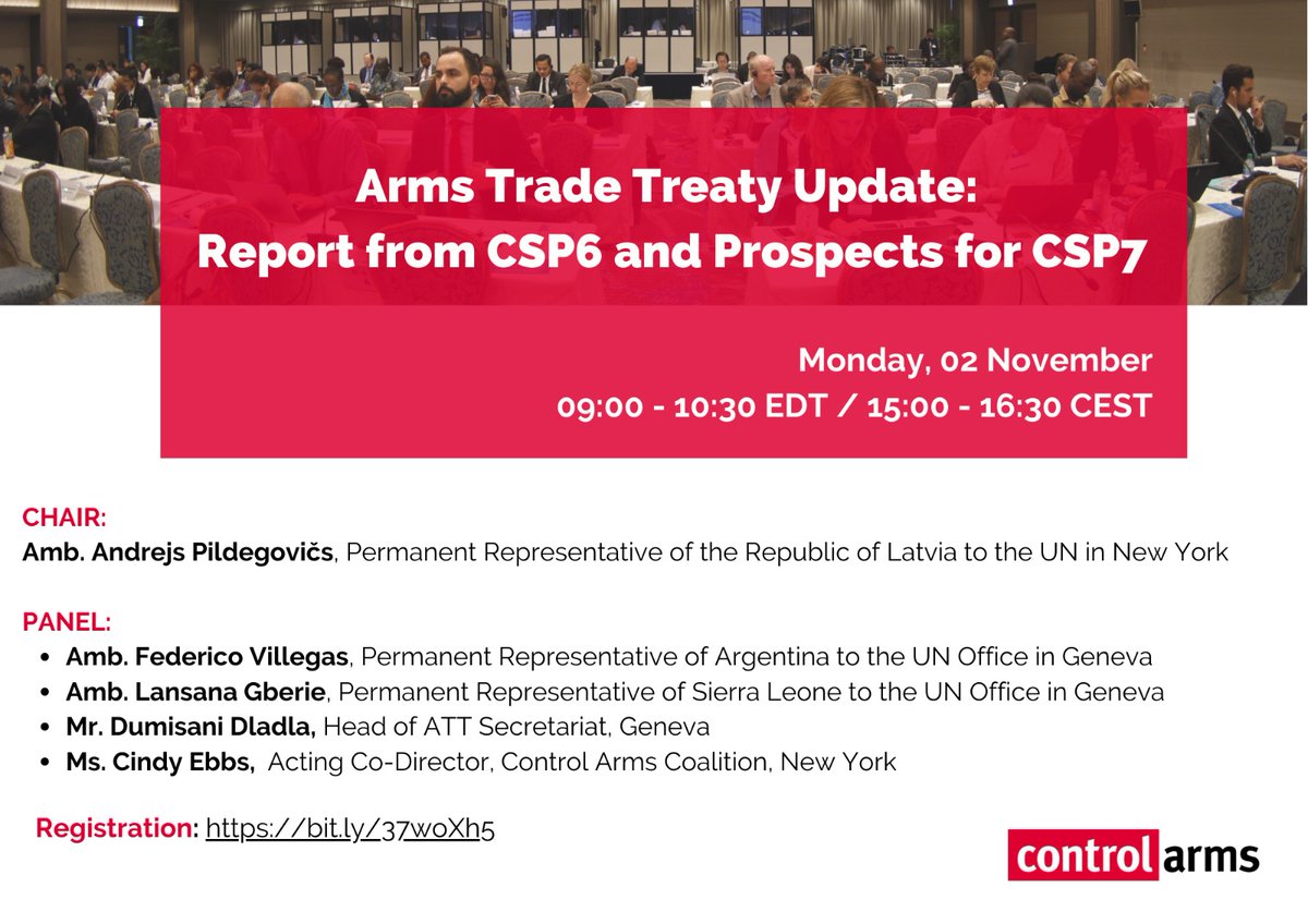 controlarms's tweet photo. 📆 Save the Date

Virtual side event "Arms Trade Treaty Update: Report from #CSP6 and Prospects for #CSP7"

🔹 Date: 02/11/2020

🔹Time: 9-10:30 EDT  15- 16:30 CEST

📲 Register link:  https://t.co/UnuAKSxPB7 https://t.co/SINGt0PLM4
