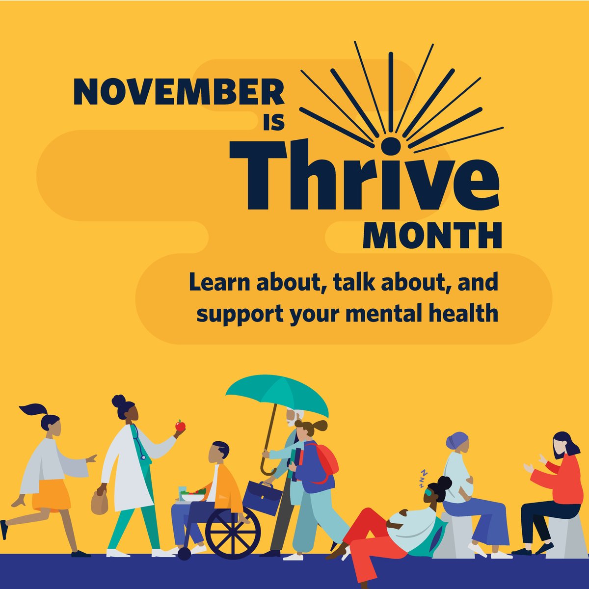 UBC's tweet photo. November is Thrive month! Whatever your path to mental health looks like, we invite you to learn about it, talk about it and explore it.  #LetsThriveUBC #UBCThrive #mentalhealthliteracy https://t.co/SC6uOn43lH https://t.co/rBWlJbP0X7