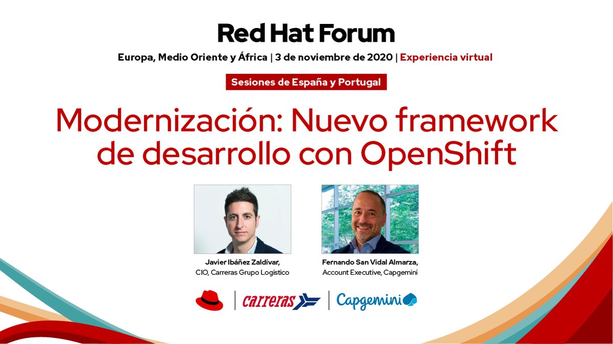 RedHatIberia's tweet photo. Javier Ibáñez, CIO de @CarrerasGL y Fernando San Vidal, Account Executive de @Capgemini, intervienen el 3 de nov en #RedHatForum para explicar el gran proyecto de #TransformaciónDigital y #ModernizaciónDeAplicaciones llevado a cabo por el grupo logístico. 
https://t.co/ydqwqxQJRn https://t.co/TvrjrfkSk9