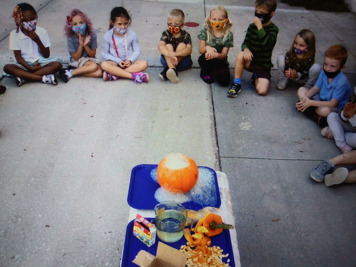 Pumpkin Experiment time!!! My students did so well sharing predictions with their neighbors of what will happen. I wish I had their initial reaction captured in pictures but I took pictures afterwards when I added more vinegar. They loved it! <a href="/OrmondBeachElem/">Ormond Beach Elem</a> #vcsscience