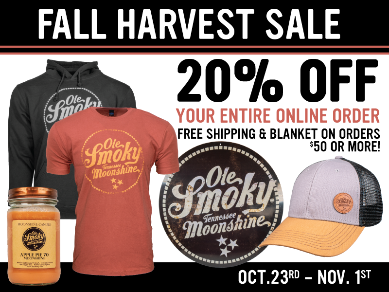 OleSmoky's tweet photo. Now through November 1st, use code HARVESTSALE when you checkout to get 20% off in our online store, and we’ll even throw in free shipping AND a free blanket if your order is over $50 after the discount. This sale does not include alcohol. https://t.co/jobSvu1Y8n https://t.co/o9kAZzsit0