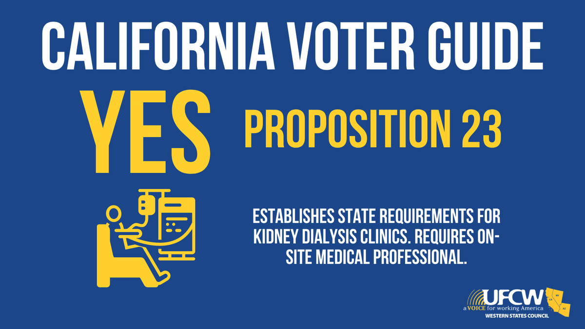 UFCWWSC8's tweet photo. Prop 23:
✅requires doctors on site
✅requires clear infection reporting 
✅protects patients' access to their clinic
✅prohibits discrimination

Vote #YesOn23 to #FixDialysis https://t.co/NnUzyHaIBT