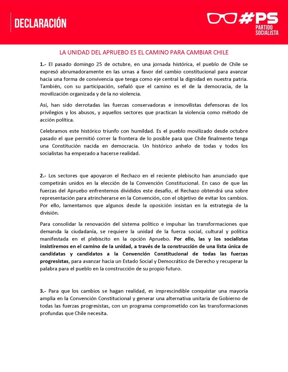PSChile's tweet photo. Declaración pública: La unidad del Apruebo es el camino para cambiar Chile https://t.co/r7nXXZGgjE