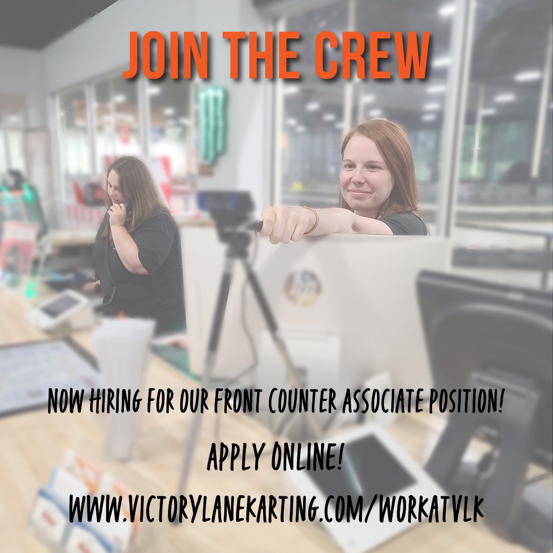 JOIN THE CREW! 🏁🏎
Now hiring for our Front Counter Associate position. 

Apply online at our website 
victorylanekarting.com/workatvlk

#charlottejobs #charlottenc #gokarting #hiring #jointhecrew #applyonline