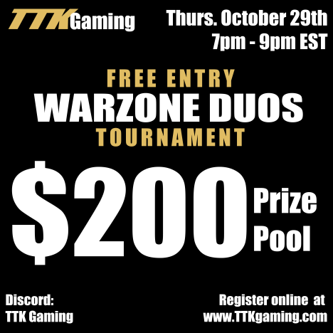 TTKgaming_'s tweet photo. Tomorrow night our tournament of the week is a free duos tournament with $200 in prizes. Make sure to sign up on the website or use our discord to find teammates https://t.co/aYSNlCfpyv