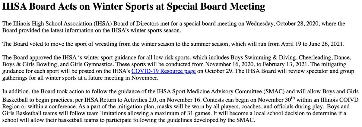 And it's official, per an IHSA press release ... basketball practices will begin Nov. 16, as they were previously scheduled to, despite the Pritzker/IDPH guidance. Wrestling is being moved to the IHSA's summertime schedule #NGMedia