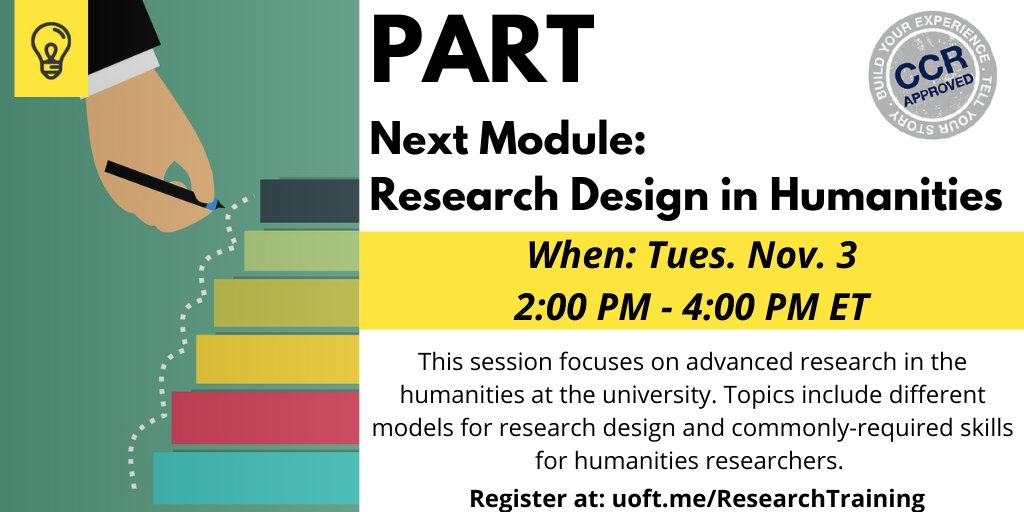 RGASC_UTM's tweet photo. Are you pursuing research in the humanities? Our PART module "Research Design in Humanities" is next Tuesday!

The session will focus on different models for research design &amp; commonly-required skills for humanities researchers. 

Interested? Register at https://t.co/XEwfyUH7sj! https://t.co/ZIrE2pY2l5