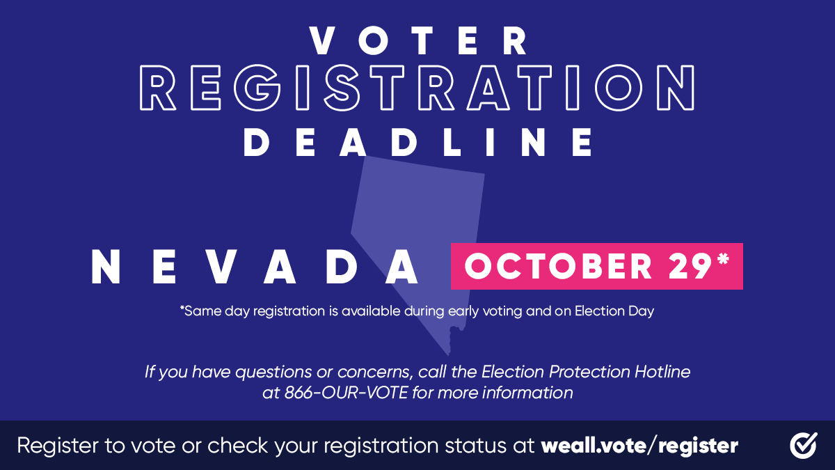 YelpLV's tweet photo. 📣 This is it: Tomorrow, October 29, is your LAST CHANCE to get registered ONLINE to vote in Nevada for the fall elections. Don’t miss your chance to make your voice heard: https://t.co/ZP8YdUYoz1 #WhenWeAllVote https://t.co/287k8XMfpb