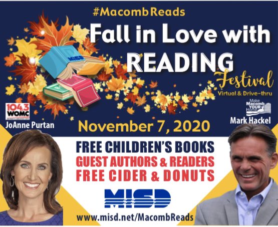 ed_elem's tweet photo. The second annual #MacombReads festival is coming Saturday, November 7th. It’s a FREE event. Register now to schedule your drive-thru pick-up of free books and STEM resources! Cider &amp; donuts will be available, too!https://t.co/2R7TlENWYP #MacombReads https://t.co/eOA2ilFxb0