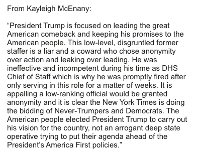 Yamiche's tweet photo. .@PressSec slamming @MilesTaylorUSA: "This low-level, disgruntled former staffer is a liar and a coward who chose anonymity over action and leaking over leading."

@MilesTaylorUSA: "Donald Trump is a man without character." https://t.co/c1ooJ0fVWX