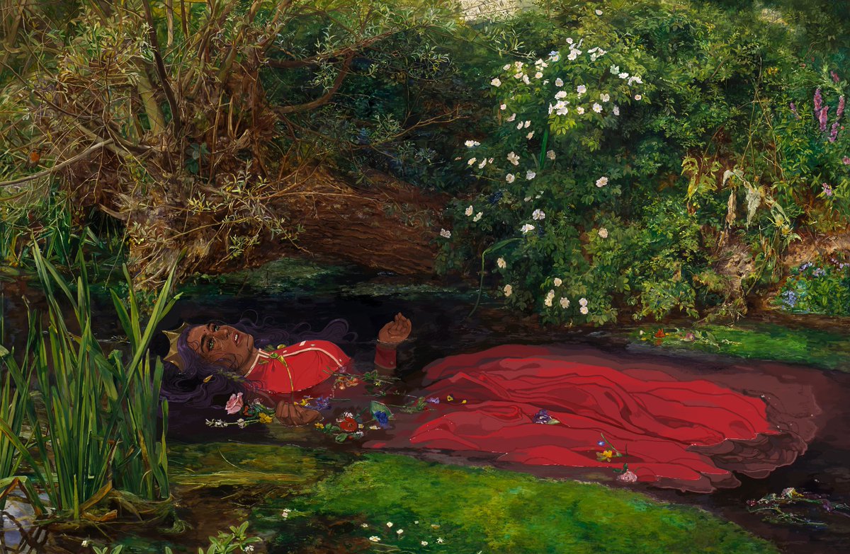 alexisparade's tweet photo. a tribute to one of my favorite characters from one of my all time favorite shows, Anthy from Revolutionary Girl Utena, in the style of John Everett Millais's Ophelia 🌹🌷🌼 https://t.co/cQa5OE3Z7p