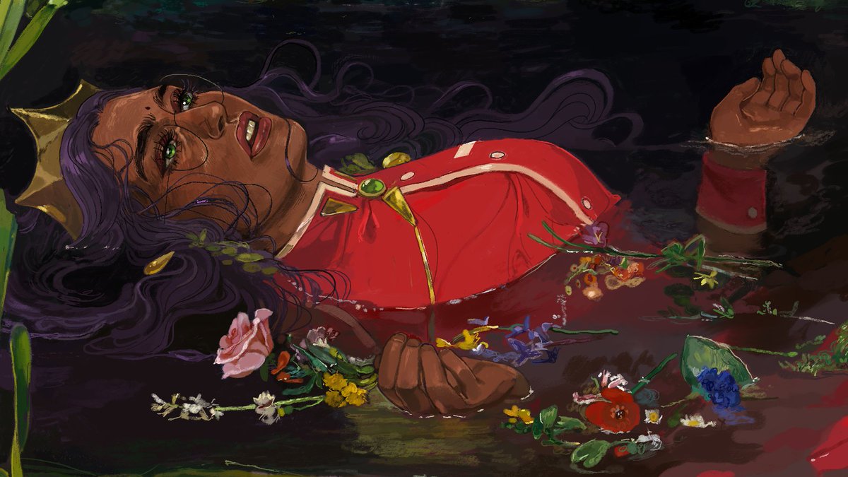 alexisparade's tweet photo. a tribute to one of my favorite characters from one of my all time favorite shows, Anthy from Revolutionary Girl Utena, in the style of John Everett Millais's Ophelia 🌹🌷🌼 https://t.co/cQa5OE3Z7p