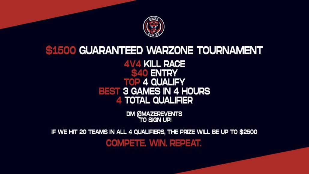 InciteEventsCWR's tweet image. 🚨Beginner (K/D Cap 10.00) &amp;amp; Pro Division (K/D Cap 15.00)🚨

☕️$3,000  Guaranteed Qualifiers #1☕️

Oct. 29th,8est PM
-All Platforms
-Entry fee:$10 per player
-Top 4 Teams Qualify
-Best 3 games in 4 hours

DM us to sign up!

🎬🔥Separate Events &amp;amp; Separate Prizes, Same Day!🎬🔥