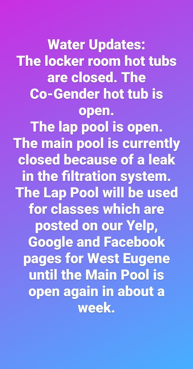 Elements_E5's tweet photo. West Eugene Water Update.
#elementshealthclubs #morethanaworkout #findyourelement #weightloss #fitspo #fitness #gym #fit #workout #motivation #fitnessmotivation #fitfam #exercise #fitnessaddict #health #healthy #bodygoals #fitnessjourney #gymmotivation #fitnessgoals #GymsAreSafe https://t.co/HmHxoGF3Gd