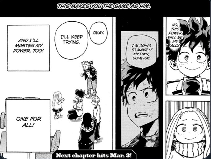 Take a look at the wording at the top, what Bakugou said to Izuku about OFA and AFO. “This makes you the same as him.” Bakugou was doing exactly what society was doing to him, Shinsu, Monama, etc. A seemingly villainous quirk that makes you the same as the villains, but we can-
