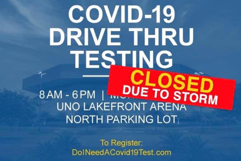 LakefrontArena's tweet photo. TESTING IS SUSPENDED DUE TO THE STORM UNTIL FRIDAY, OCTOBER 30!

Free COVID-19 drive thru testing available Monday thru Saturday from 8AM to 4PM in the north parking lot of the #UNOLakefrontArena. Get tested! Wear a mask!  

We'll see you out there on Friday! https://t.co/vAMCGFyzWp