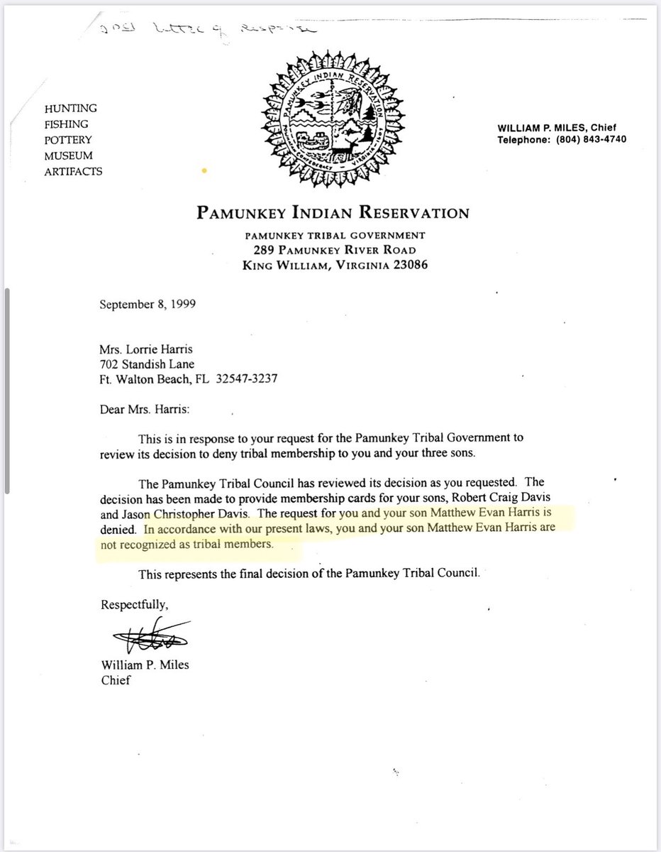 You can plainly see the letter from Chief & Council states that Ms Harris and her younger son were denied enrollment “in accordance with our current laws.” CURRENT LAWS. Not obsolete, by-gone era laws. Black codes enforced in 1999.Chief Bob Gray was on tribal council in 1999.