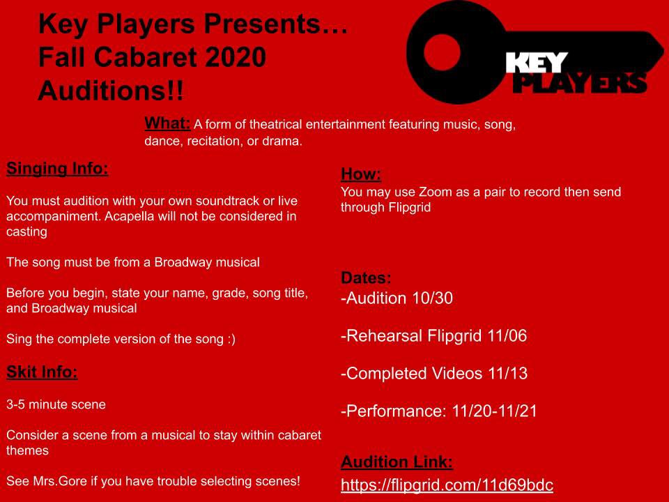 FskDrama's tweet photo. Fall Cabaret 2020 auditions are closing this Friday!! Submit your singing and skit auditions through Flipgrid (link provided at bottom of flyer) and all background music must be provided by yourself. For more info, contact Lily Freundel, Mrs. Gore, or Mrs. Ewien. https://t.co/aM4BgpP7hL