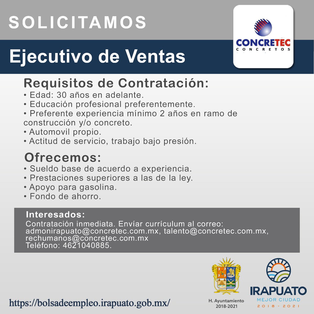 IrapuatoEmpleo's tweet photo. En #Concretec cuentan con la vacante de EJECUTIVO DE VENTAS, consulta los requisitos del puesto y consulta mayores detalles al 📲4621040885, para postularte. https://t.co/lL8M5Za8Mu