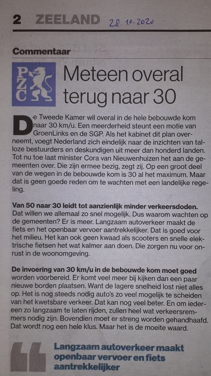 realMartinBos's tweet photo. Zoals verwacht schaart de PZC zich achter het waanidee om de snelheid binnen de bebouwde kom te verlagen naar 30 km/u. Zij pleit ook voor scheiden auto- en fietsverkeer. Dit maakt snelheidsverlaging juist overbodig. En waarom niet geageerd tegen opheffen fietspaden in Middelburg? https://t.co/PZU9q0UoTp