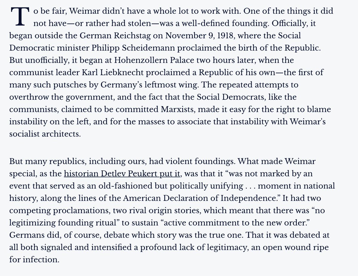 Part of the problem was that Weimar lacked a politically unifying moment in national history along the lines of the Declaration of Independence. A series of leftwing putsches left the Republic without an agreed-upon founding liturgy, exacerbating division and oikophobia.