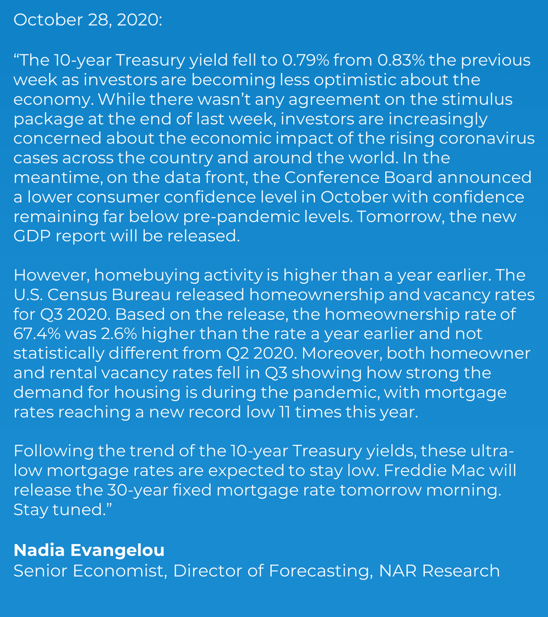 NAR_Research's tweet image. "Following the trend of the 10-year Treasury yields, these ultra-low mortgage rates are expected to stay low. Freddie Mac will release the 30-year fixed mortgage rate tomorrow morning. Stay tuned."
