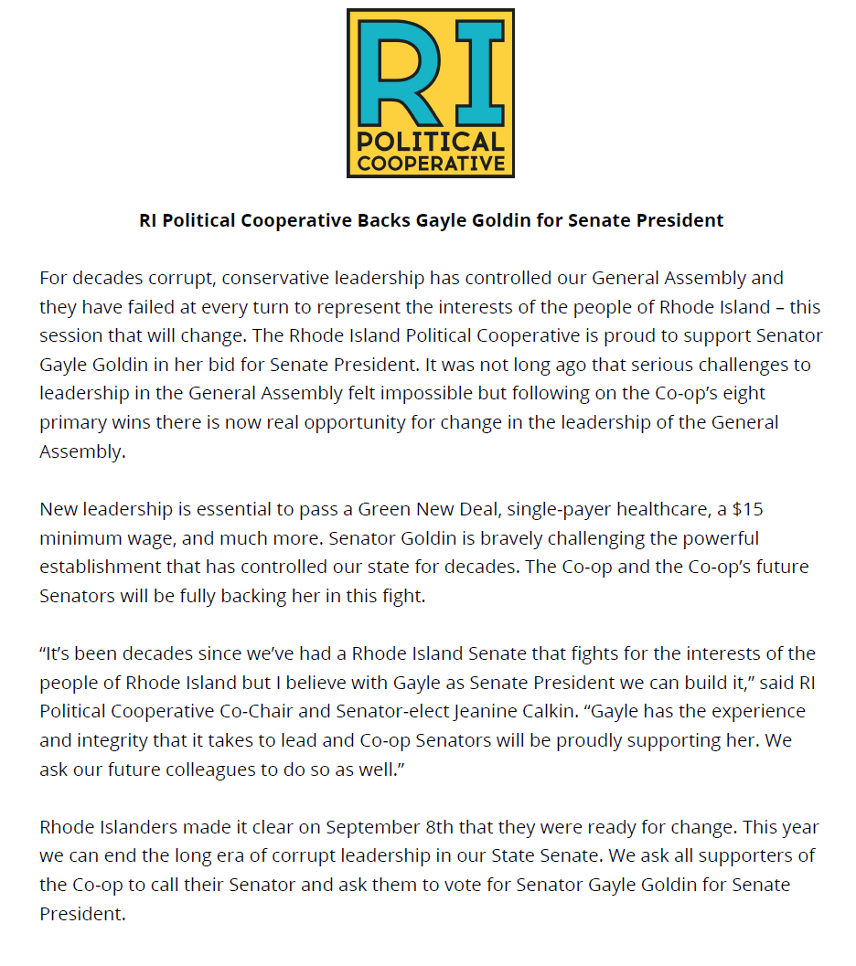ripolcoop's tweet photo. We strongly support Senator @gaylegoldin for RI Senate President. https://t.co/TLpgpglnjA