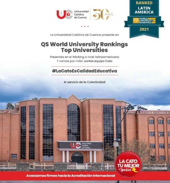 La Universidad Católica de Cuenca presente en QS WORLD UNIVERSITY RANKINGS TOP UNIVERSITIES a nivel #latinoamericano.
Juntos crecemos dedicados a la excelencia en la enseñanza, somos #calidadEducativa