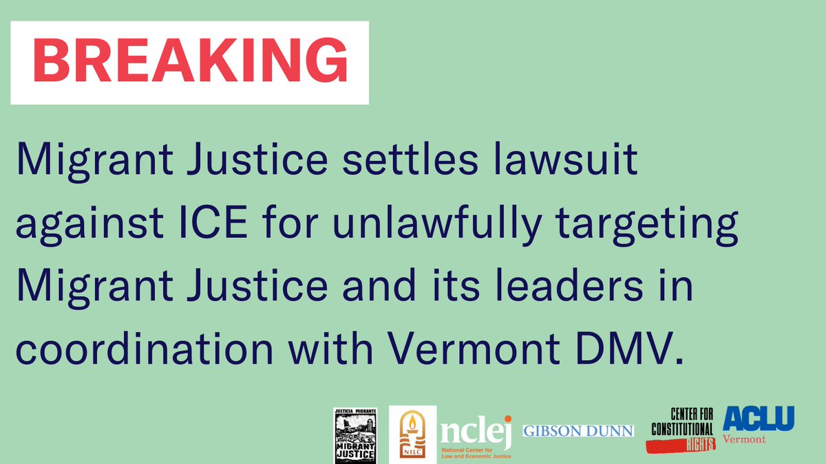 VICTORY! ICE agrees to settlement in our federal lawsuit, drops deportation cases against plaintiffs, and prohibits agents from targeting people due to First Amendment protected activities! A landmark agreement and important national precedent!
migrantjustice.net/MJ-v-ICE-Settl…