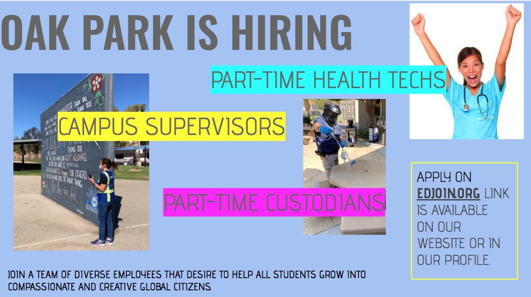 We are now accepting applications for the following positions: Campus Supervisor, Custodian, and Health Tech.  Please apply at edjoin.org/Home/Jobs?coun….  @MedeaCreekMS <a href="/RedOakRattlers/">Red Oak</a> @brookside_opusd <a href="/OakHillsCoyotes/">Oak Hills</a> @Oak_Park_High
