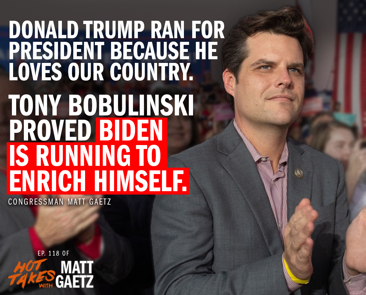 FmrRepMattGaetz's tweet photo. America deserves better than a corrupt politician like Joe Biden. @GaetzTakes 

https://t.co/qI9i7U8epL https://t.co/dAlEiuhuAB
