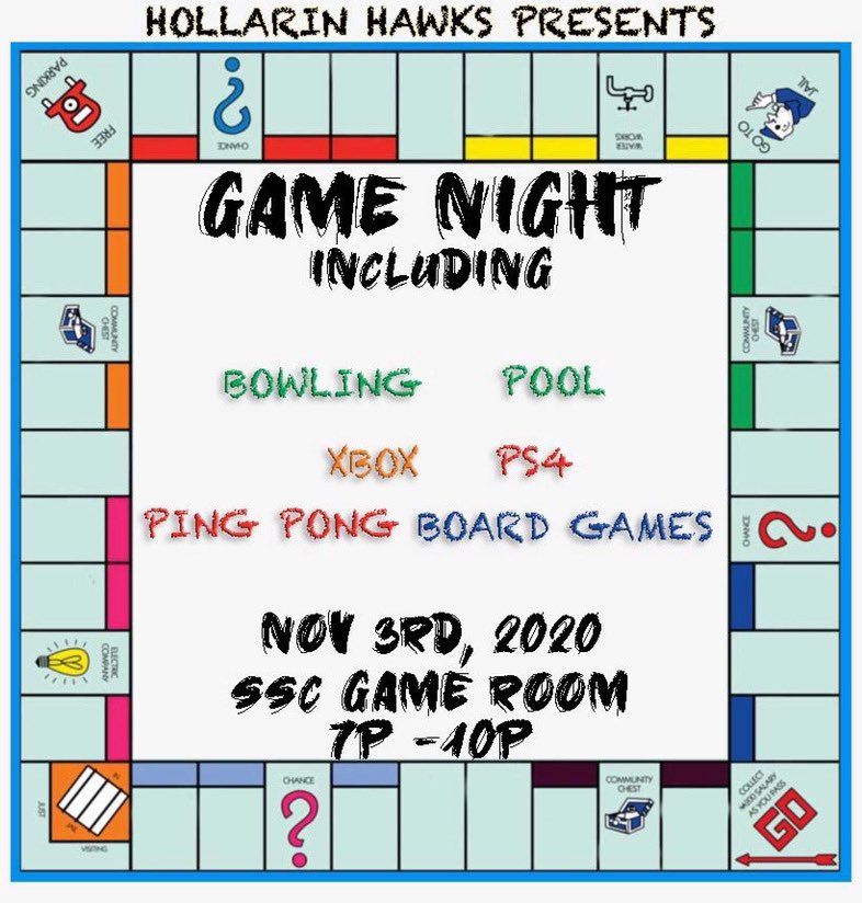 HollarinHawk's tweet photo. Kicking off Hollarin Hawks Week, catch us in the SSC Game Room from 7pm-9pm for our Game Night 🎮🎳 We have board games, bowling, video games and more‼️ See yall there 😁🤗 #umes https://t.co/gYBfAXoXey