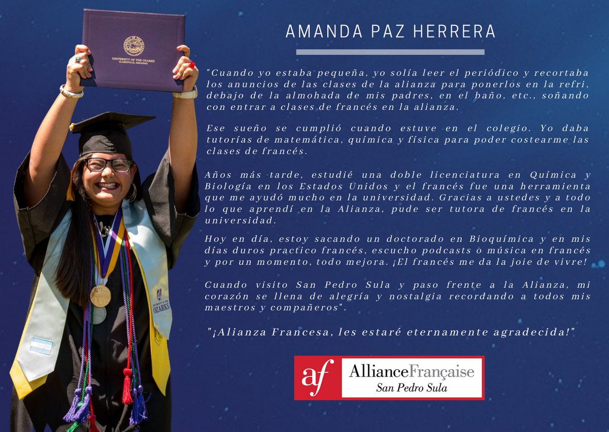 AliFranCult's tweet photo. ¡HISTORIAS DE ÉXITO!
Gracias, Amanda, estamos muy orgullosos de tí. 🌹

👉Cuéntanos tu historia. Hablar francés es asegurar tu mejor futuro. 

#somosalianzafrancesa #HistoriasDeExito #HistoriasdeExitoAF https://t.co/k1VU37hRGz