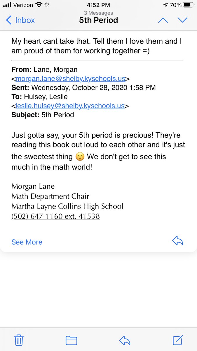 I got this update from a colleague today about my sweet freshman. We were right in the middle of reading a novel together in Parenting, and well, quarantine. But look at them taking care of each other and stepping up when I didn’t even ask.