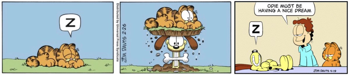 garfdream's tweet image. Here's an Odie one. First two panels are February 26, 2006. Final panel is April 19, 2020.
