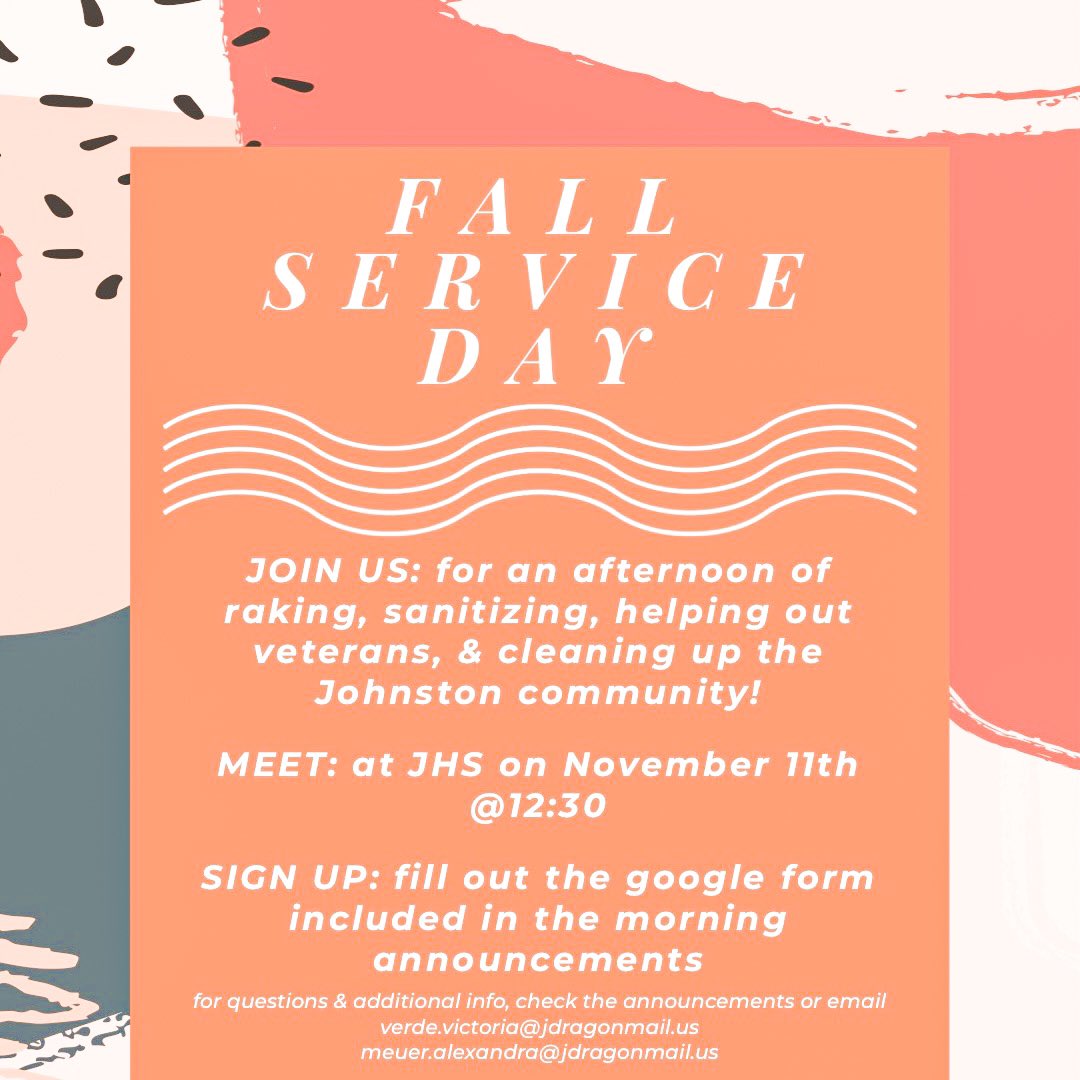 Make sure to get signed up for our next Service Day!! You can receive both Silver Cord &amp; Student Council hours for this, so you don’t want to miss it. Don’t forget a rake and warm clothes!! You can find the google form in the announcements 🍁