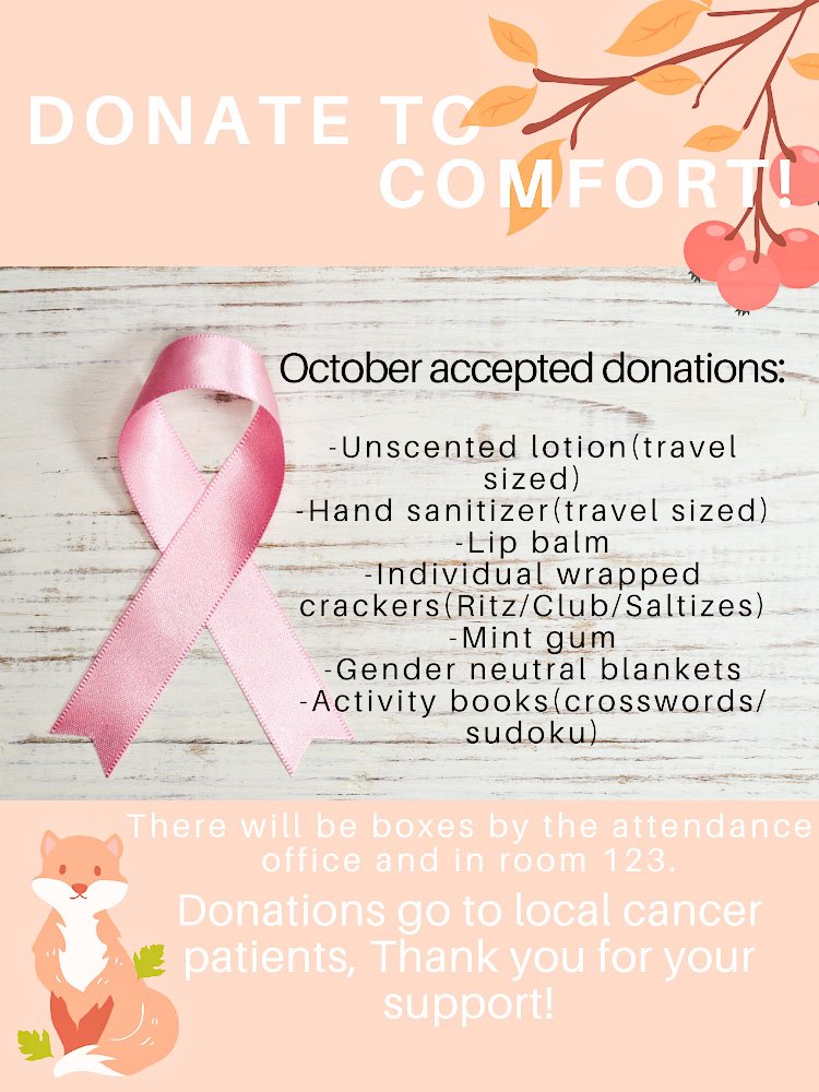 All of October! Bring in your donations to support local cancer patients!