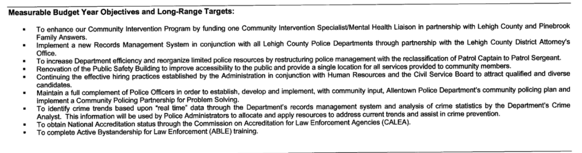 For an example, see the police operations program detail (pgs 12-13):  https://www.allentownpa.gov/Portals/0/files/Finance/budget/2021Proposed/Detail/04%20-%20Police.pdf