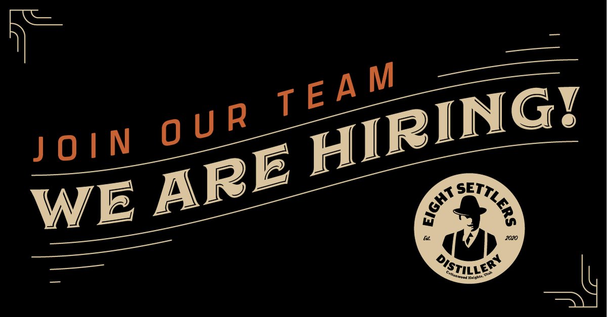 WE'RE HIRING! We need talented, energetic, dedicated individuals who are excited to help us create an unparalleled experience in the Salt Lake Valley. Head over to our Careers page to see the open positions and apply today! --> eightsettlersdistillery.com/careers/