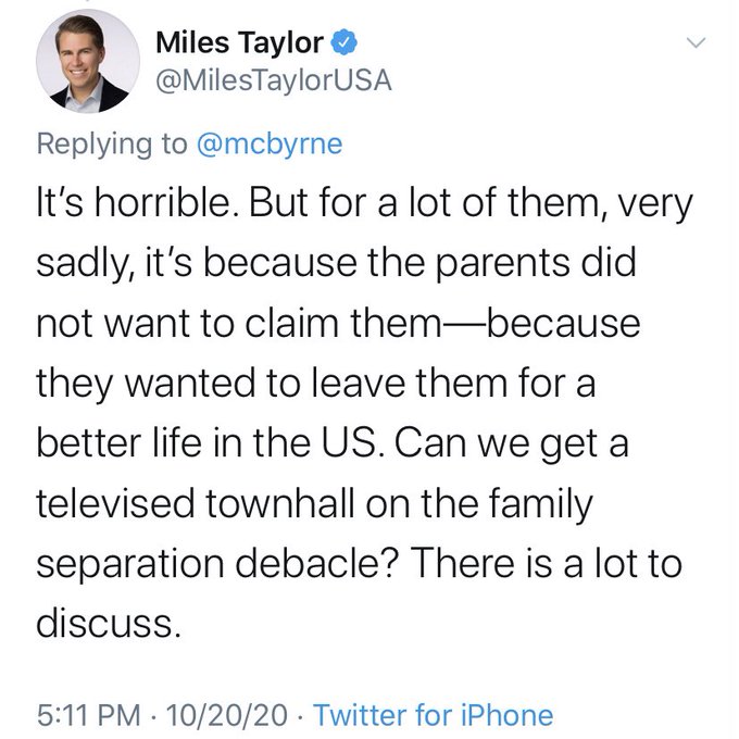 This is the way Miles Taylor talked about family separation LAST WEEK ("It's horrible. But...") when news broke parents of 545 separated kids still cannot be located. He later deleted the tweet.