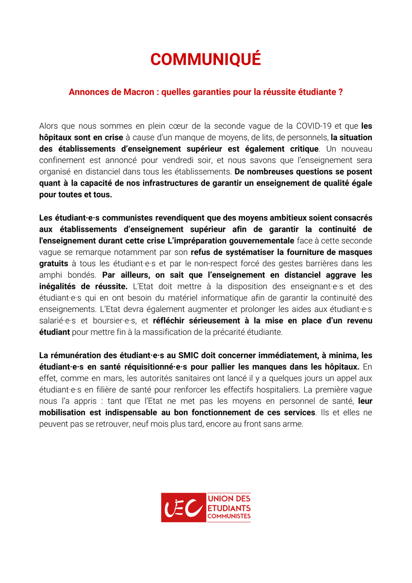 En réaction aux dernières annonces d'Emmanuel Macron, communiqué des Étudiant·e·s Communistes 👇