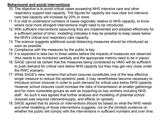 10. I can't find the just before lockdown reference to the behavioural scientists quote 'Citizens should be treated as rational actors, capable of taking decisions for themselves'. SAGE minutes for the behavioural scientists on 16 & 23 March are below.