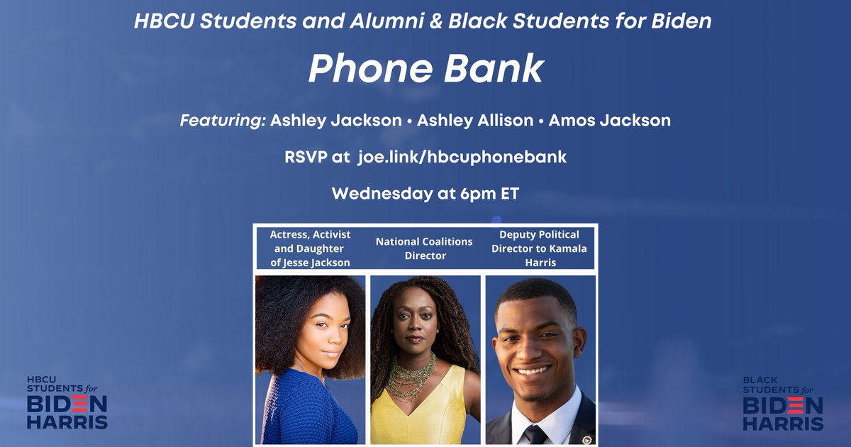 BidenHbcu's tweet photo. We cannot believe how fast the time has passed! Join HBCU Students and @bidenbsu for our last event of this election cycle! Come phone bank with us to ensure we win this election! https://t.co/rGKs3Me6yk https://t.co/r94CybU2dj