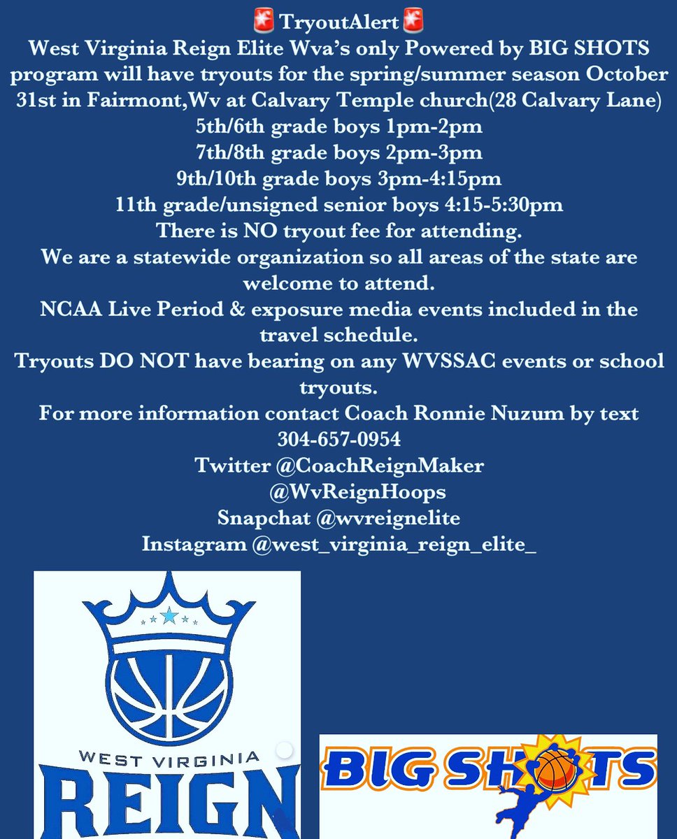 WvReignHoops's tweet photo. 3 days away 🏀 Tryouts do not conflict with any WVSSAC school extracurricular activities. Masks to be worn while not participating &amp; hand sanitizer will be provided. West Virginia’s only Powered by BIG SHOTS program ⛈ @BigShotsNation @BigShotsMedia @Elite304Hoops @BigShotsScout https://t.co/wEJstwDuS4