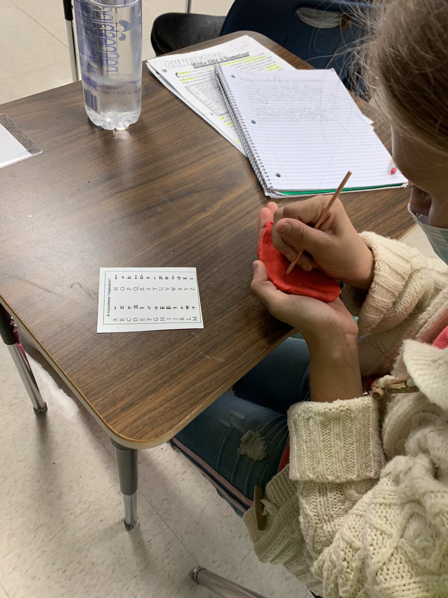 MsPlesa's tweet photo. Students learned how difficult it was to “carve” their names in cuneiform in clay. They were able to identify and summarize the impact of cuneiform on ancient Mesopotamia civilization @NMMScolts @NmmsSteam https://t.co/rPQjZE5y0f