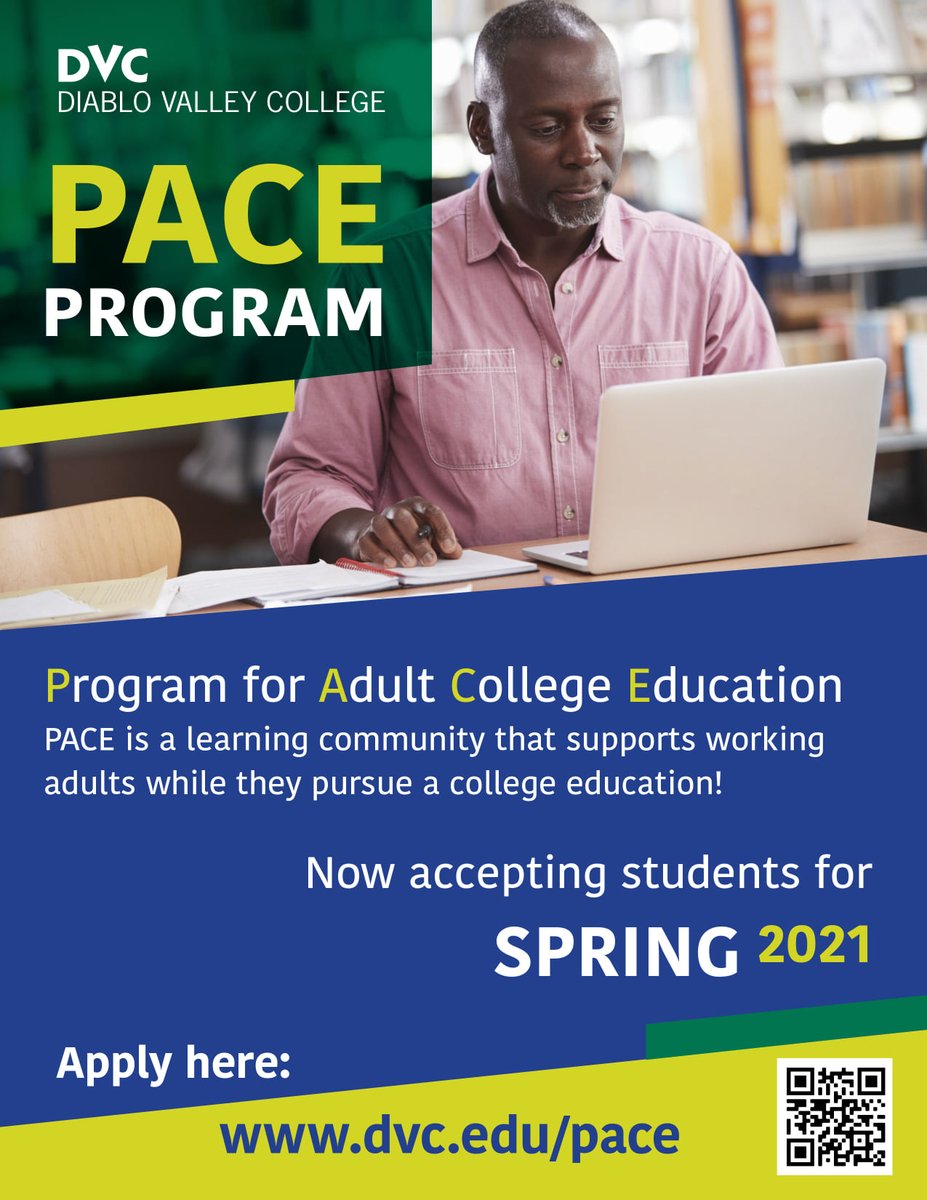 DVC_updates's tweet photo. The PACE Program at Diablo Valley College is designed to support working adults. With flexible evening and online courses, the PACE Program can help you get started on your journey toward a college degree today! So, what are you waiting for? Apply now at https://t.co/2CgDI3CJKE. https://t.co/OMkUvojHn8